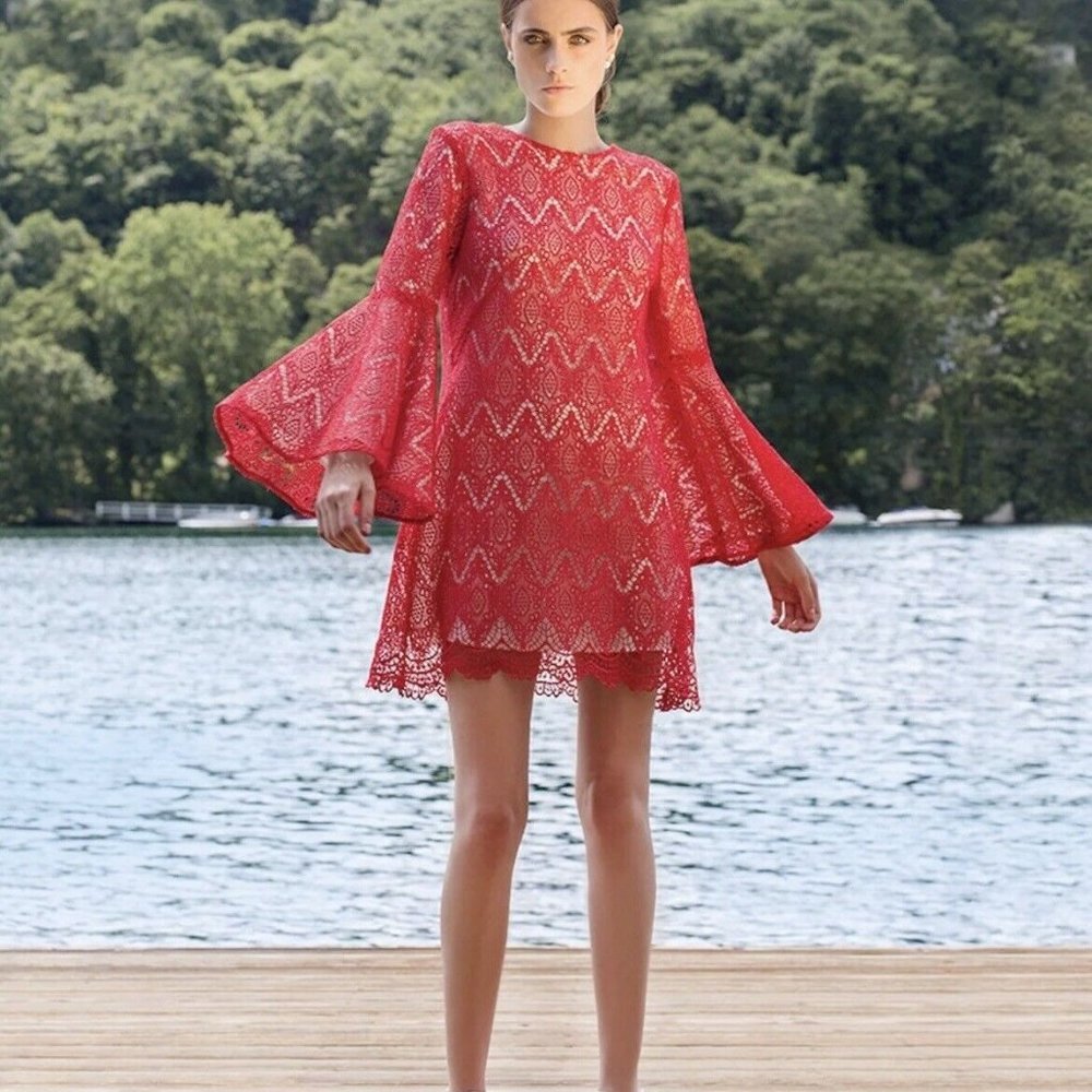 Mestiza New York Libby Ruffle Bell Sleeve Mini Dress Geometric Lace